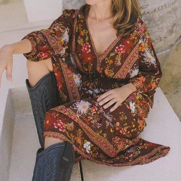 Aura Floral Maxi Dress - Brown and Multicolor - Picture 2 of 14